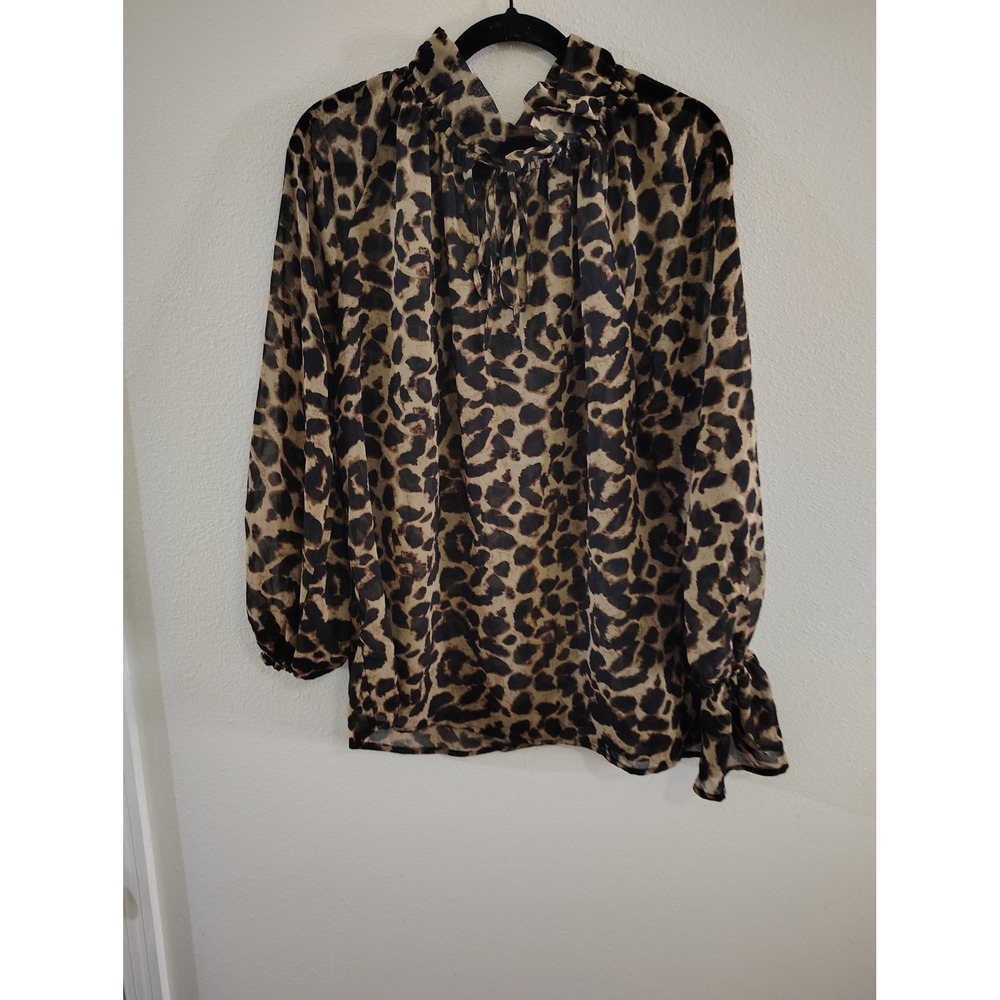 Truth NYC Leopard Print Ruffle Neck Tie Front Blouse Brown Black 1X